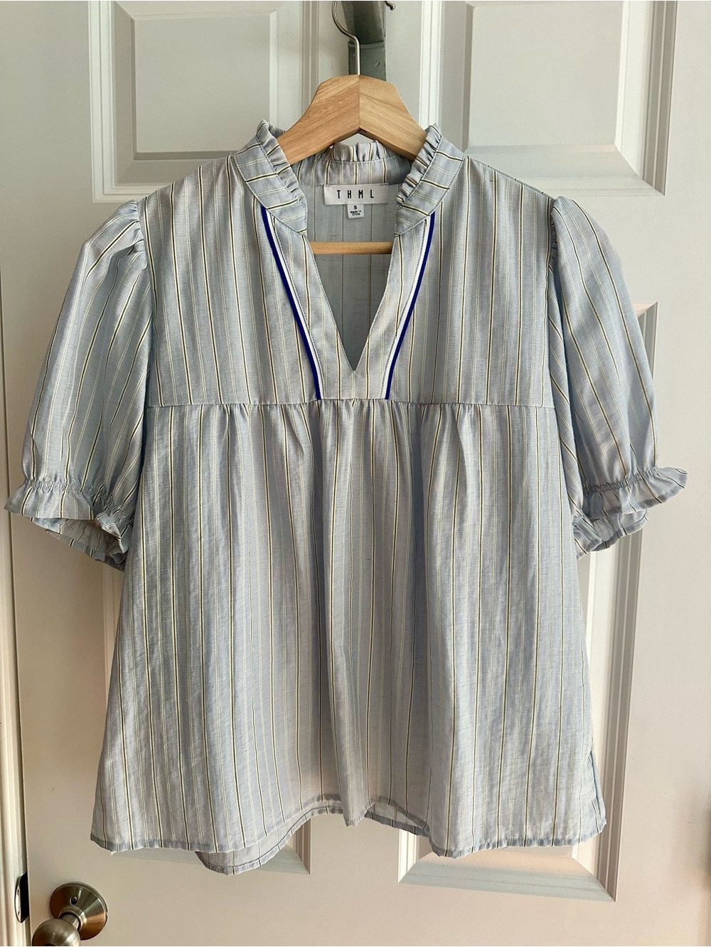 THML Light Blue Striped V-Neck Puff Sleeve Tunic with Navy Trim